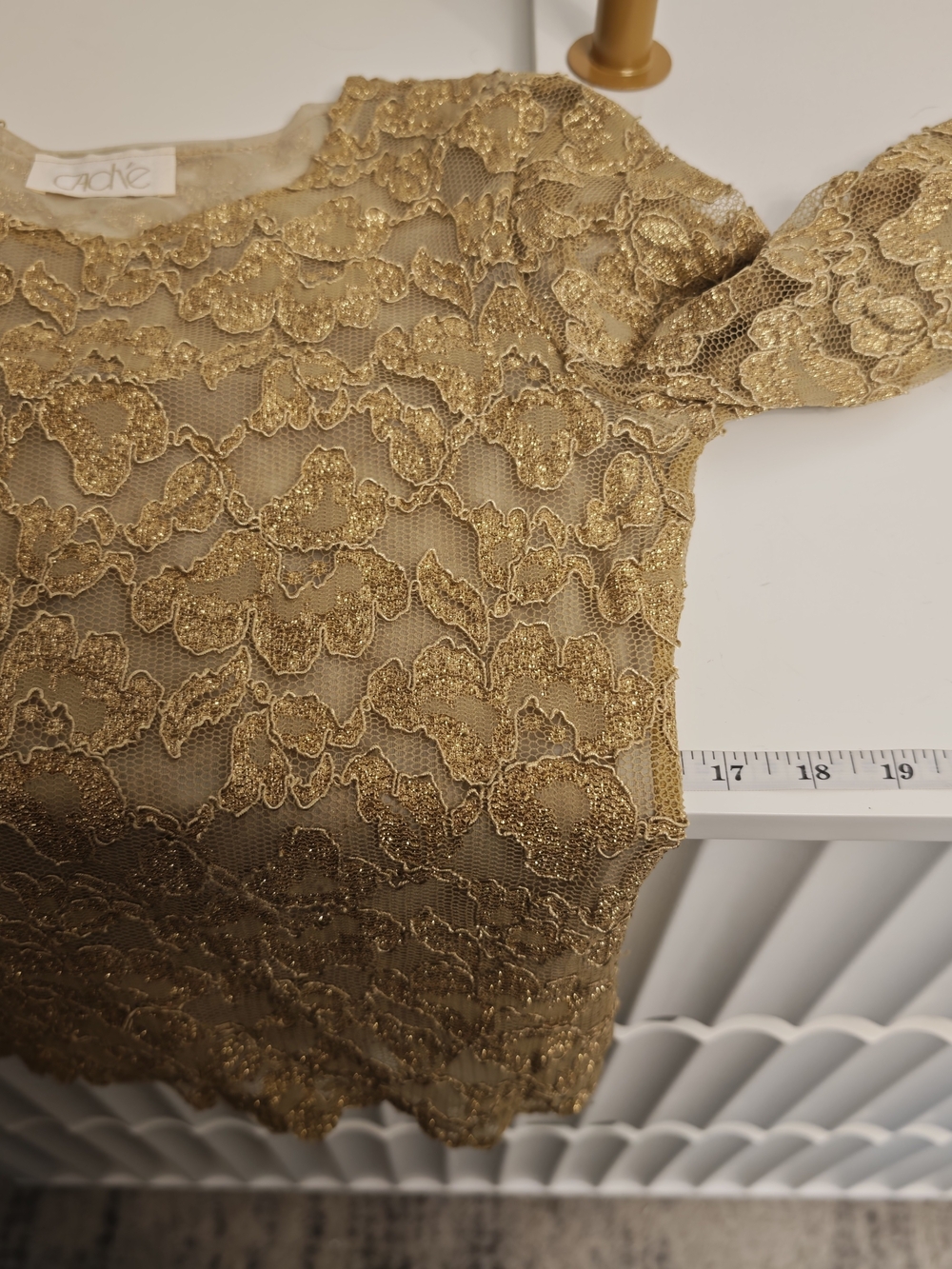 Dainty Gold Lace Sheer Novelty Y2K Long Sleeve Top Metallic Blouse Size Large - Picture 6 of 7